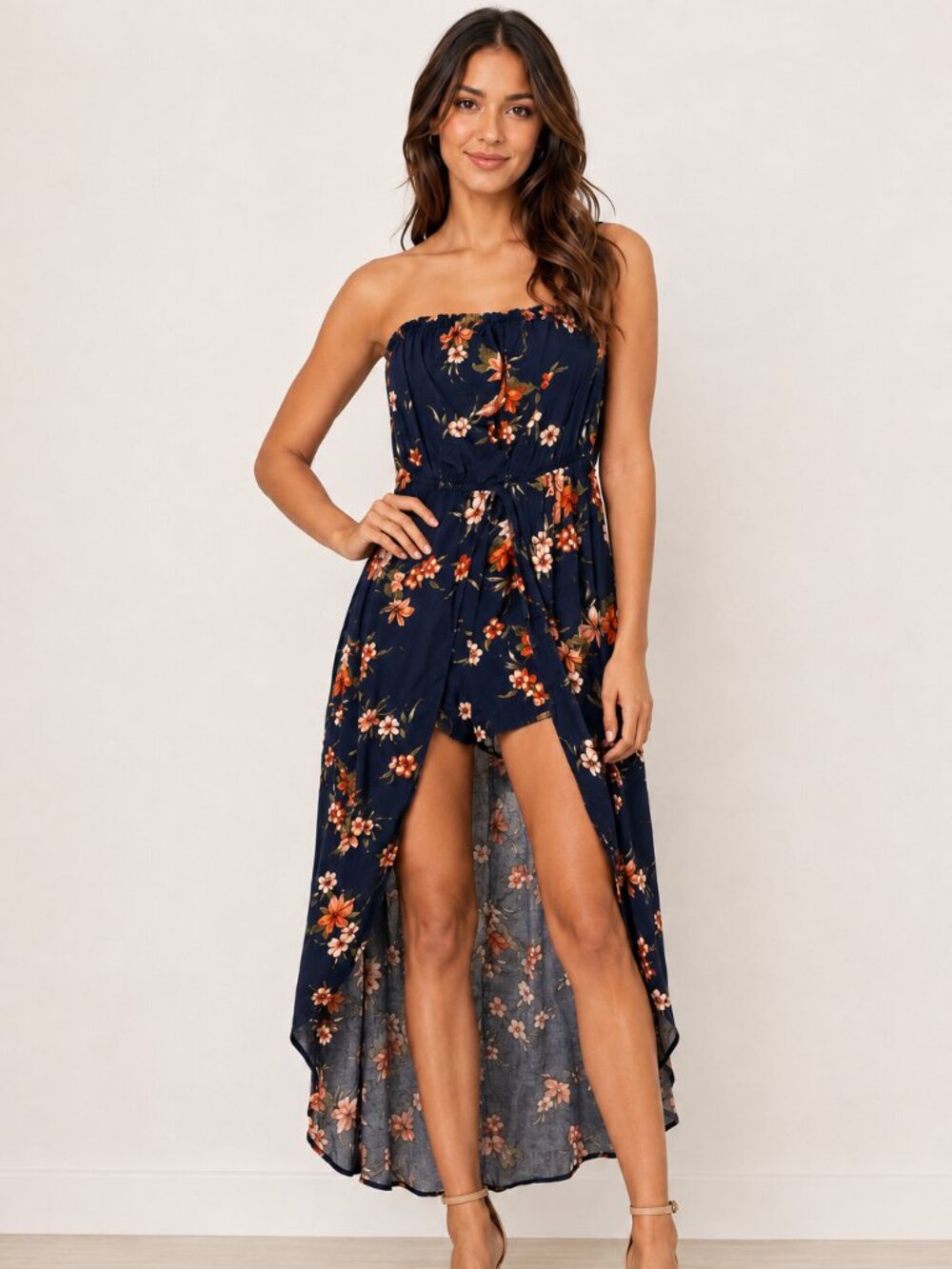 Ambiance Navy Floral Strapless High Low Dress Sz S